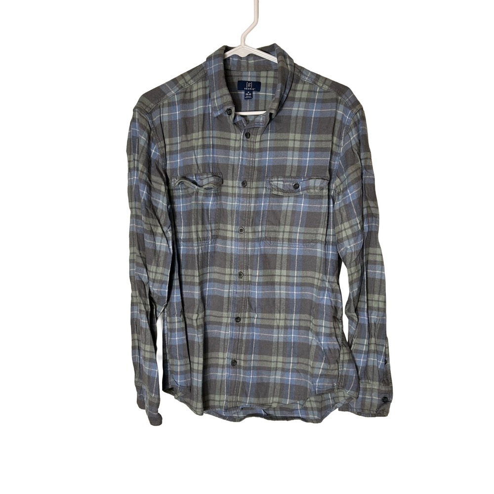 GEORGE Mens Plaid Long Sleeve Flannel Shirt Green Blue Grey Size Medium